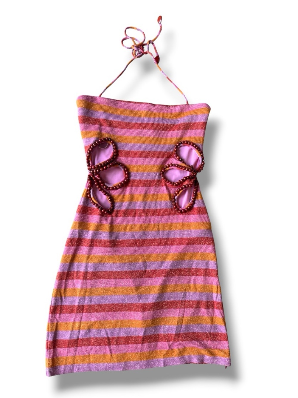 NWT Anthropologie AZULU Rozita Cutout Halter Mini Dress Raspberry Stripe Medium - Picture 2 of 14